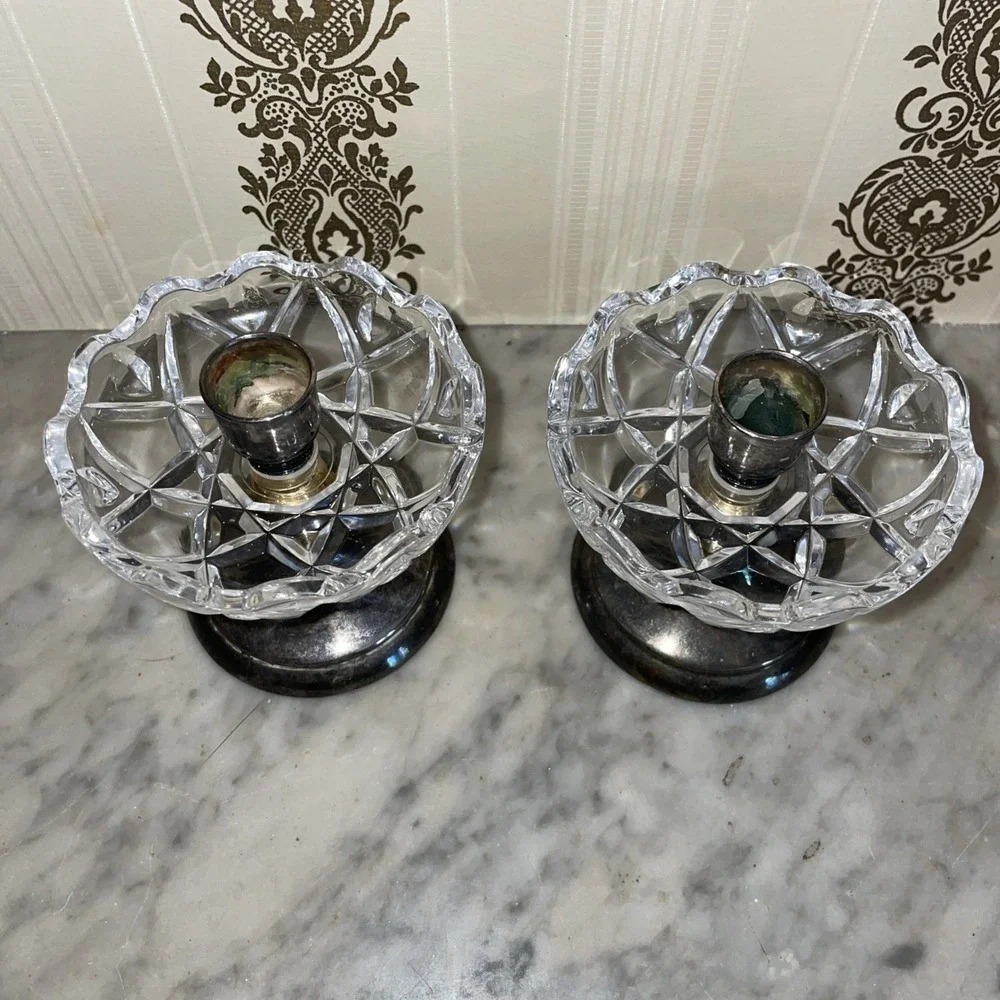 Pair of Landes Matching Candle Stick Holders Silver -plated Crystal 